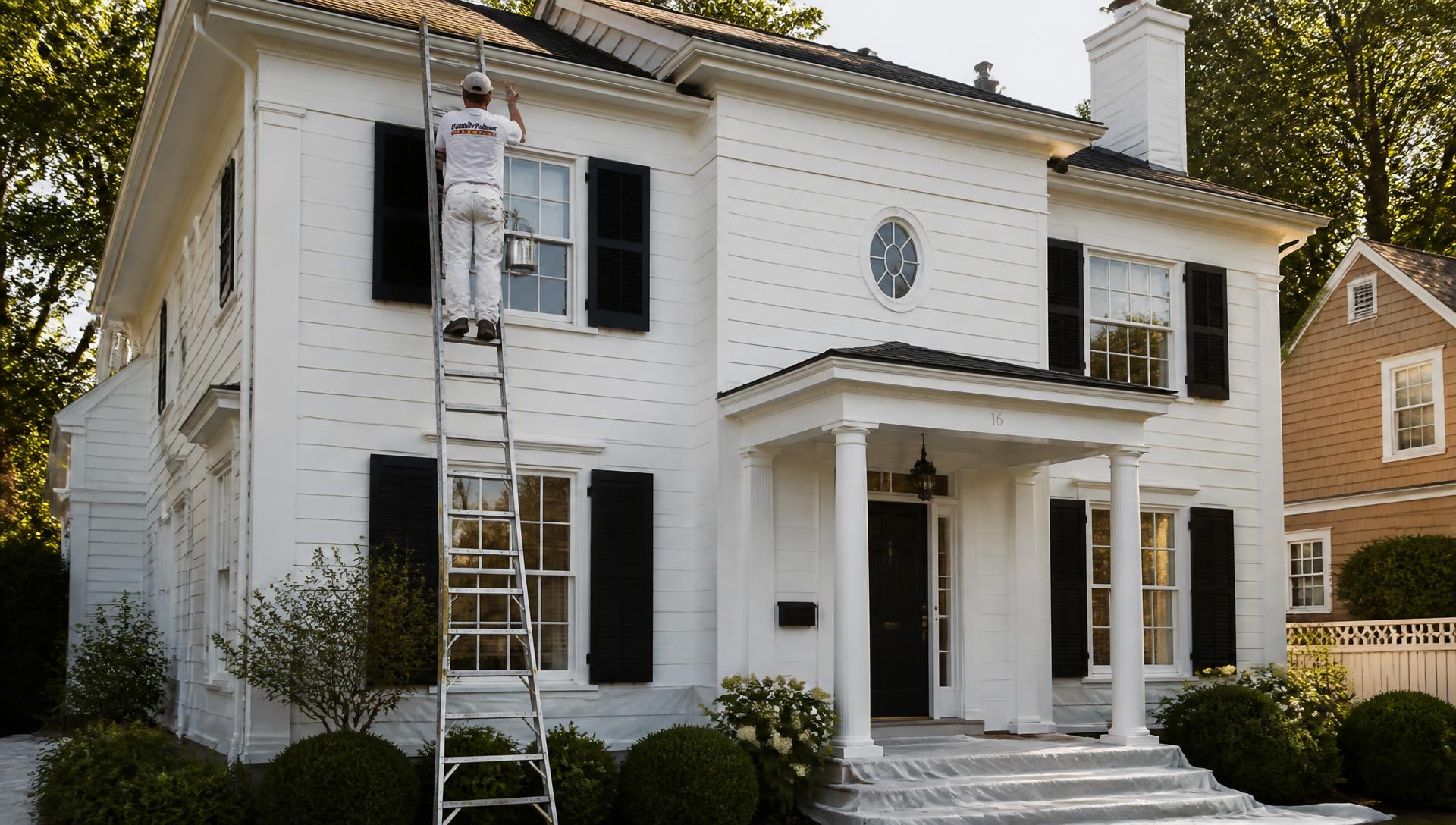 Painter finishing the exterior trim of a white two-story home